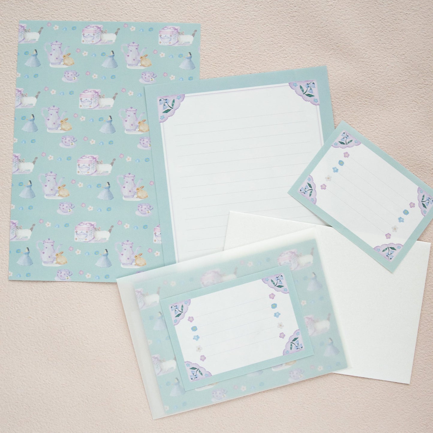 kin.iro.hitode(キンイロヒトデ) レターセット 猫とうさぎの紅茶柄