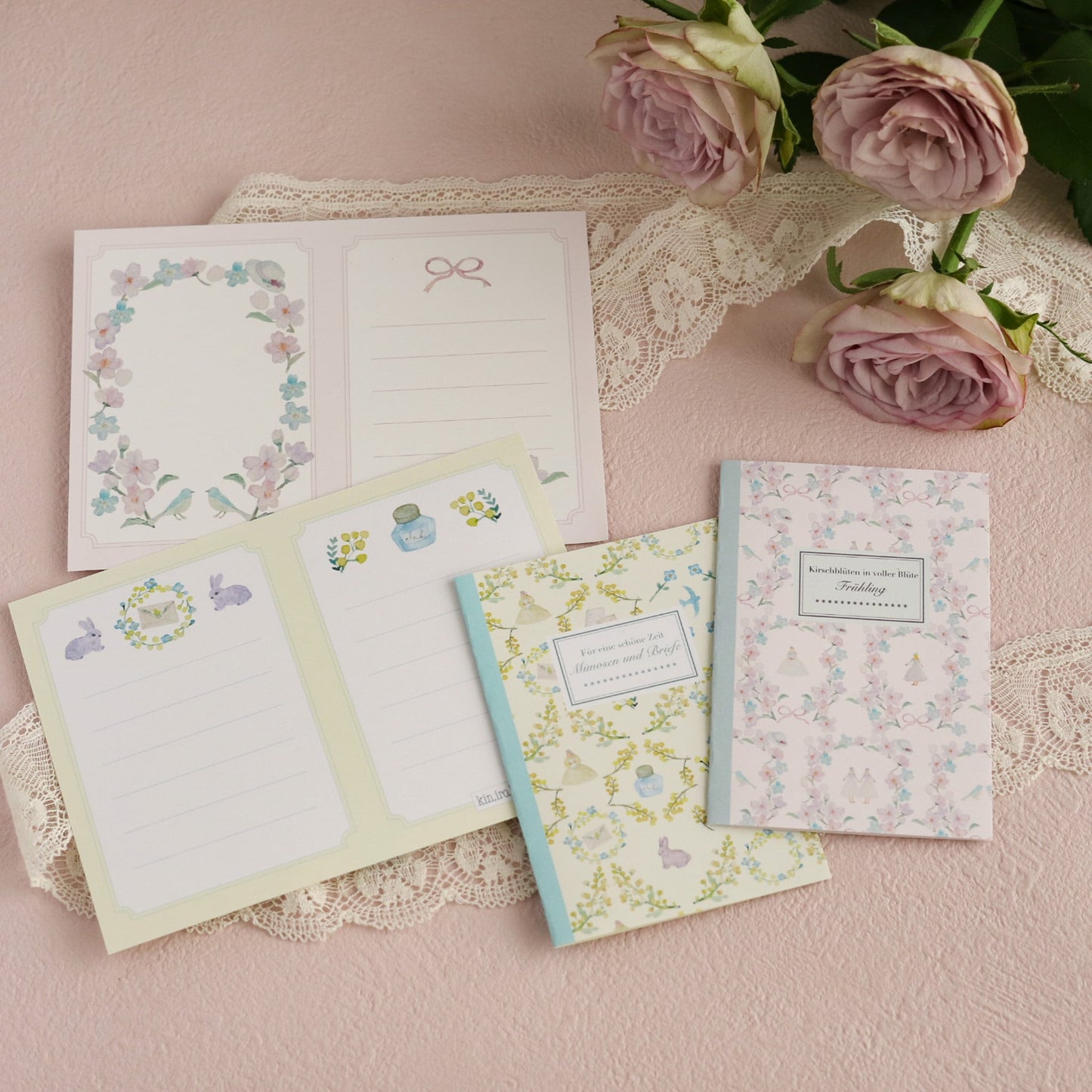 kin.iro.hitode(キンイロヒトデ) 洋書みたいなメッセージカード 桜と青い鳥 x ミモザとお手紙