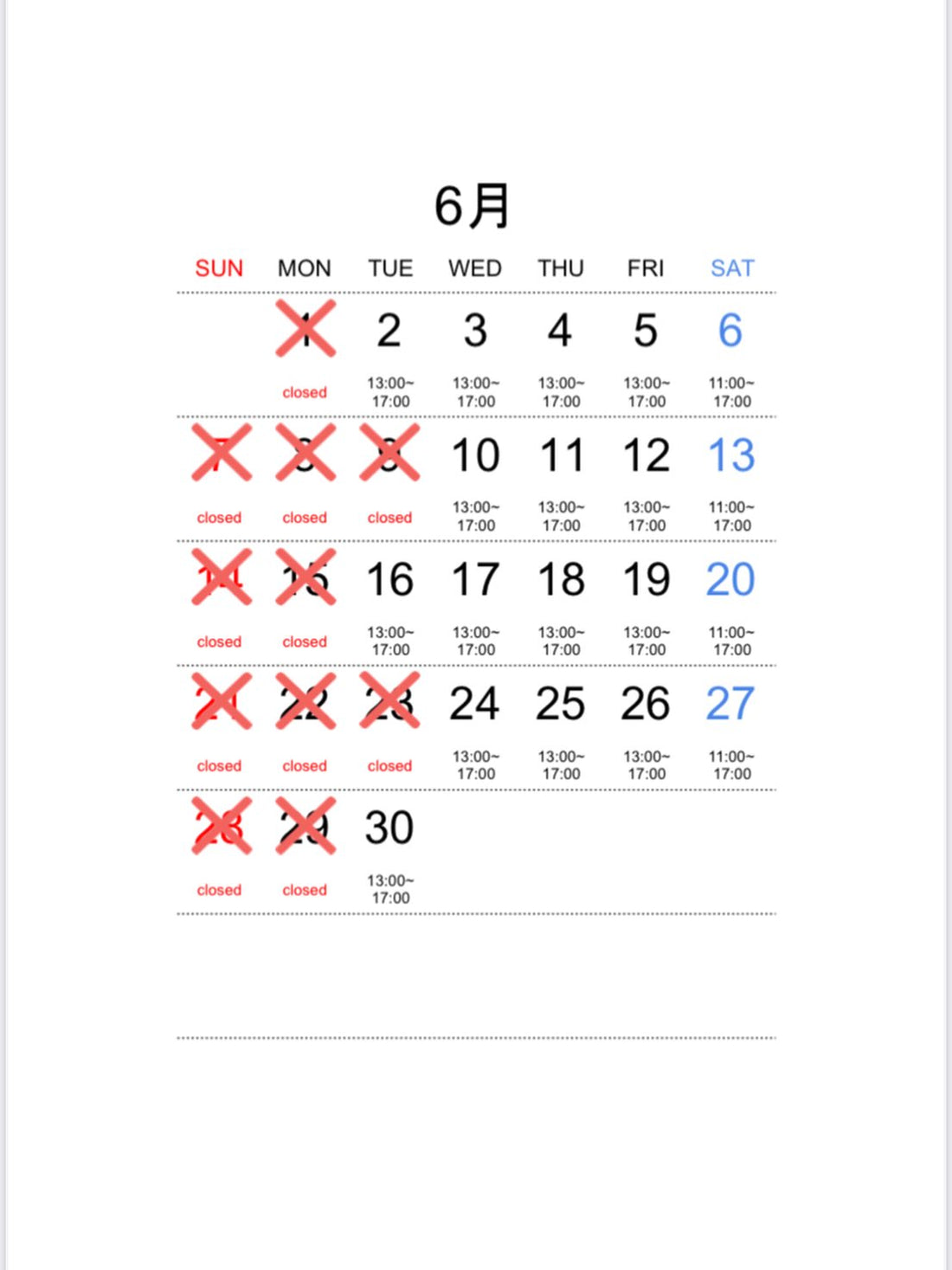 2026年6月 forme.(フォルム)直営店の営業予定日